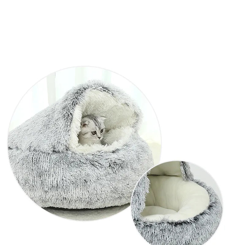 Cama redonda para gatos e cachorros, 2 em 1, casa de pelúcia quente, macia, longa, para cães pequenos, ninho de rosquinha, aquecimento, cama de dormir