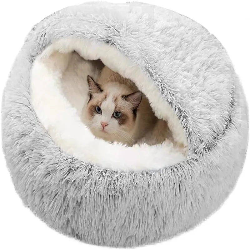 Cama redonda para gatos e cachorros, 2 em 1, casa de pelúcia quente, macia, longa, para cães pequenos, ninho de rosquinha, aquecimento, cama de dormir