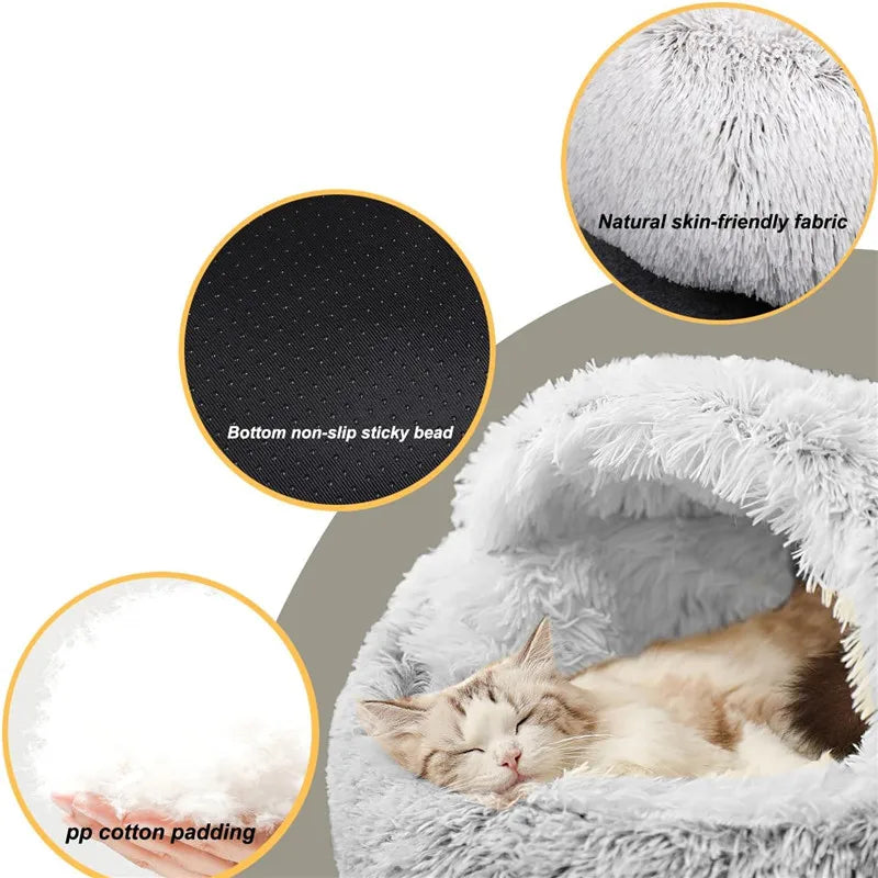 Cama redonda para gatos e cachorros, 2 em 1, casa de pelúcia quente, macia, longa, para cães pequenos, ninho de rosquinha, aquecimento, cama de dormir